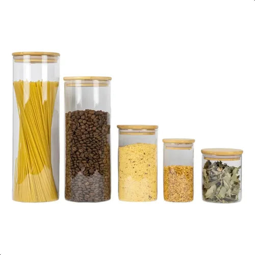 Kit 5 Potes De Vidro Herméticos Com Tampas De Bambu Diversos Tamanhos