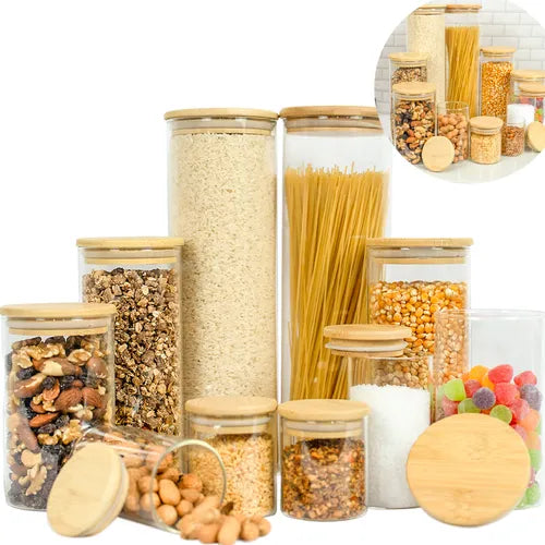 Kit 10 Pote Vidro Hermético Tampa De Bambu Redondo Cozinha