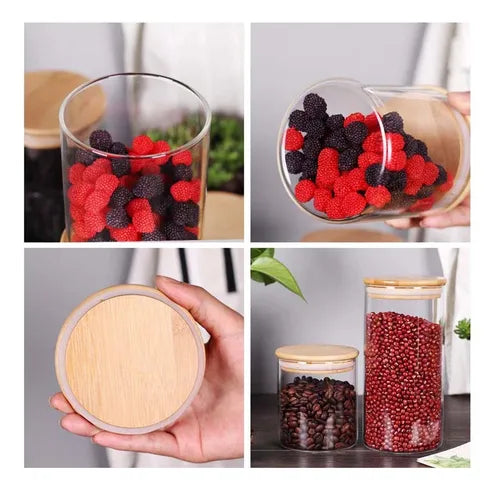Kit 10 Pote Vidro 300ml Redondo Hermeticos C/ Tampa De Bambu