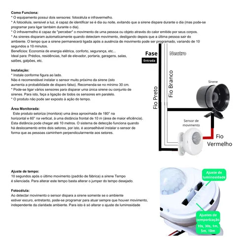 Kit 2 Sensor De Presença Movimento E 1 Sirene Alarme Bivolt