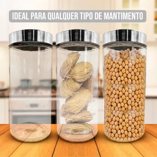 Conjunto Pote Vidro Liso Tampa Inox Redondo 2,1l Multiuso Gg