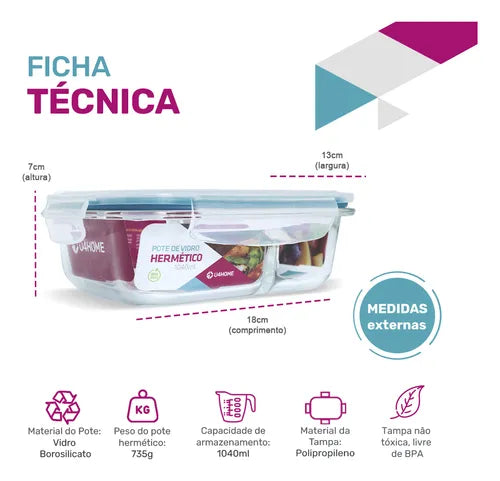 Kit 2 Potes Vidro Divisória Hermético Marmita 1040ml Azul
