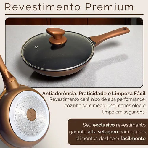 Frigideira Antiaderente Cerâmica 24cm Com Tampa Compatível Com Fogão A Gás E Indução Aristus - Dourado-preto