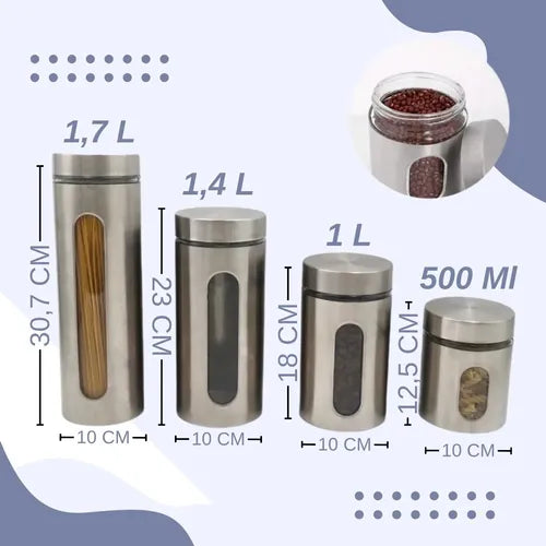 Jogo De 4 Potes Com Visor Inox Vidro Hermético Mantimentos