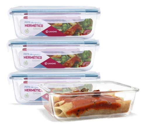 U4home Kit 4 Potes Vidro 1040ml Marmita Hermetico Cor Azul