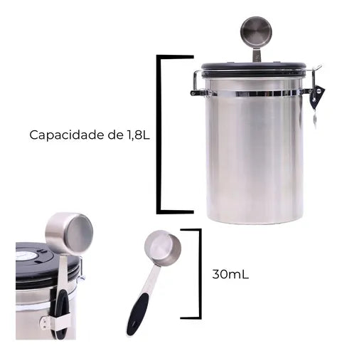 Pote Hermético Grãos Café Válvula Colher Medidora 1,8l