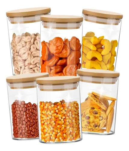Pote Hermético De Vidro Tampa De Bambu Kit 6 Porta Mantimento Redondo Marca Kururuá