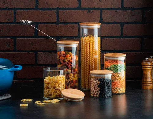 Kit 3 Potes De Vidro Com Tampa De Bambu 1300ml Mantimentos