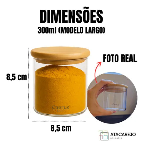 Kit 5 Potes De Vidro Hermético Tampa Bambu Alimentos Grãos