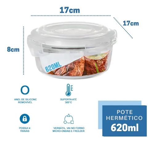 Pote Vidro Hermético 4 Travas Redondo 620ml Marmita