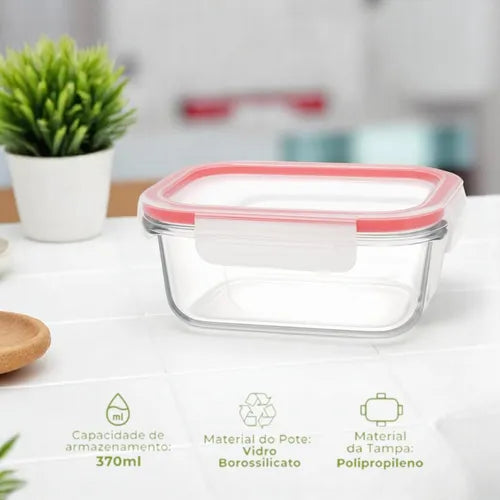 Pote Vidro Hermético Retangular Marmita 370ml Kit 6 Peças