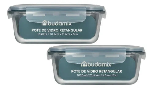 Kit 2 Potes De Vidro Hermético 1050ml Tampa 4 Travas Vedação