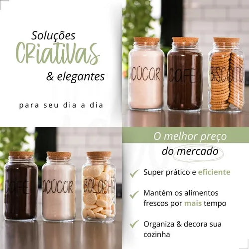 Kit 3 Potes De Vidro 810ml - Tampa De Rolha Cantinho Do Café Cor Café Açúcar Biscoito
