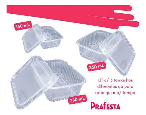 Kit3 Pote Retangular Tampa Hermética 150-350-750ml Prafesta