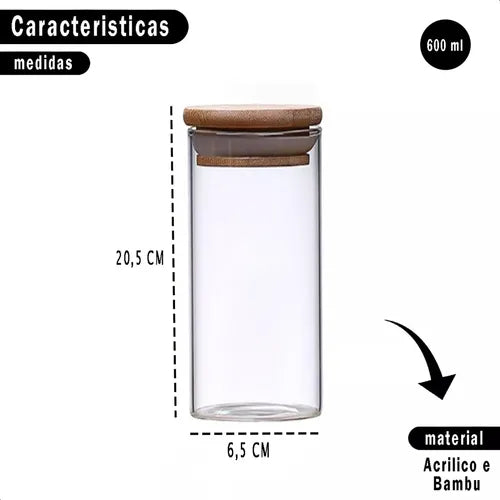 Kit 6 Potes De Vidro Com Tampa De Bambu Hermética Condimentos Mantimentos Temperos Cozinha Restaurantes 600ml