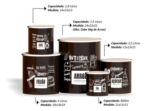 Kit 5 Potes De Mantimentos Plástico Decorado Preto Frases