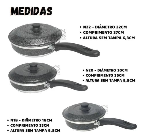 Jogo De Frigideiras Com Tampa Conjunto 3 Peças Tam 18 20 22 Cor Preto