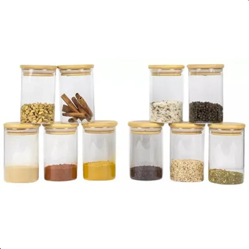 Kit 10 Potes Herméticos Com Tampa De Bambu Multiuso Vidro 300ml
