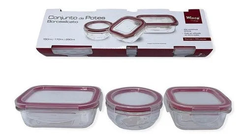 Conjunto 3 Potes De Vidro Com Tampa Hermética 150ml/170ml Cor Transparente