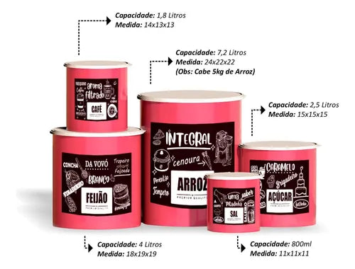 Kit 5 Potes De Mantimentos Plástico Decorado Preto Pb Frases Cor Conjunto 5 Rosa Pbfrases