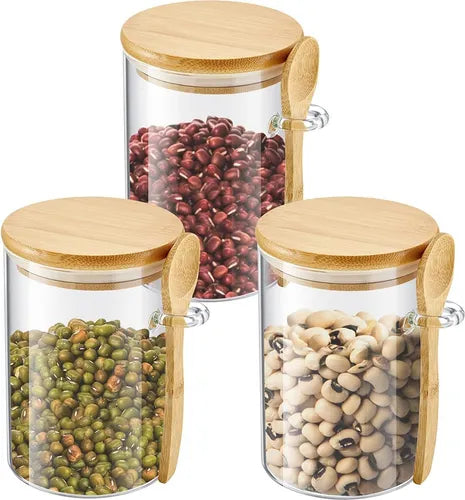 03 Potes Vidro 500ml Boro Hermético Tampa E Colher Bambu
