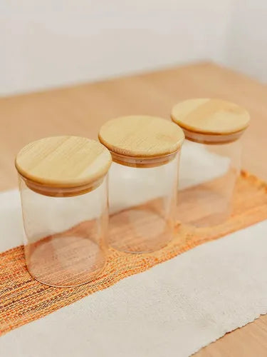 Kit 3 Potes De Vidro Hermético C/ Tampa De Bambu 350ml