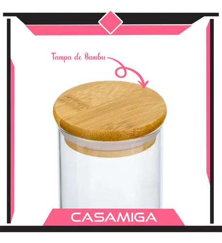 Kit 3 Potes Borossilicato Hermético Tampa Bambu 1100ml Class