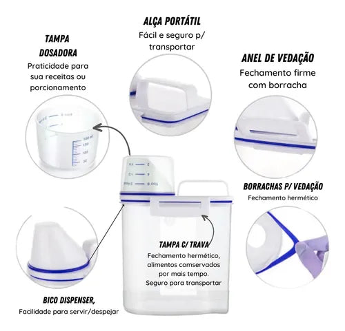 Pote Hermetico Para Cereais C/ Bico E Copo Dosador 1,5kg Cor Transparente
