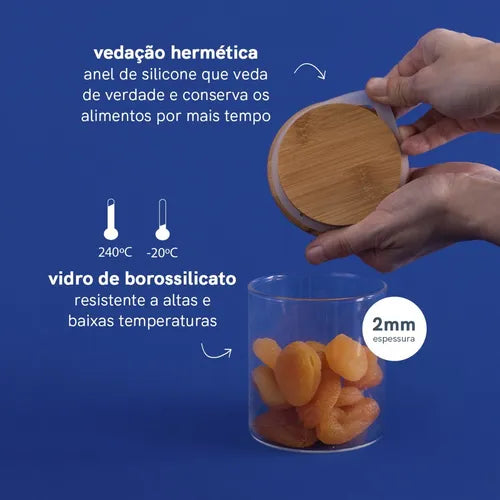 Pote De Vidro Tampa De Bambu Oikos 400ml Hermético Redondo Cor Marrom-claro
