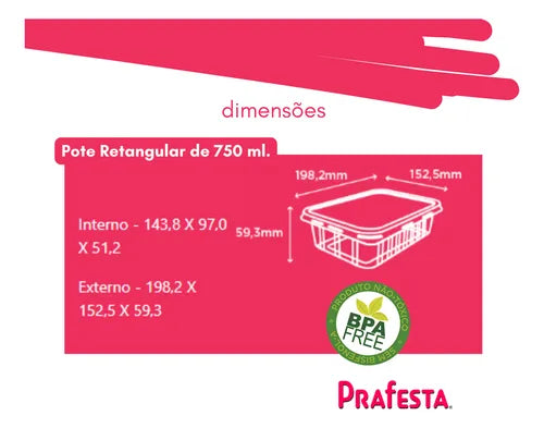 Kit3 Pote Retangular Tampa Hermética 150-350-750ml Prafesta