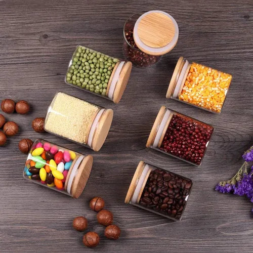 Kit Potes De Vidro Hermético 550ml Tampa De Bambu 6 Peças
