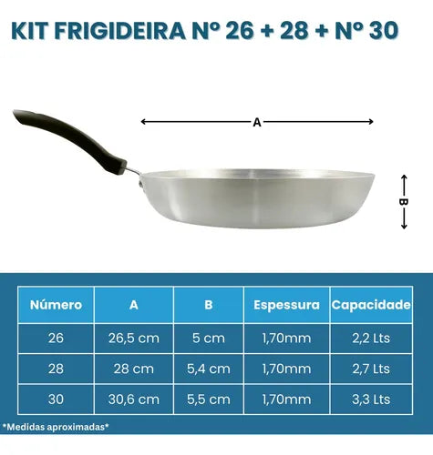 Kit 3 Frigideira Grande Restaurante Profissional Cozinha Industrial 26/28/30