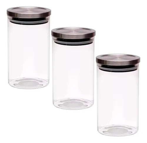 Pote Vidro Hermético 1l Redondo Tampa Inox Kit 3 Un