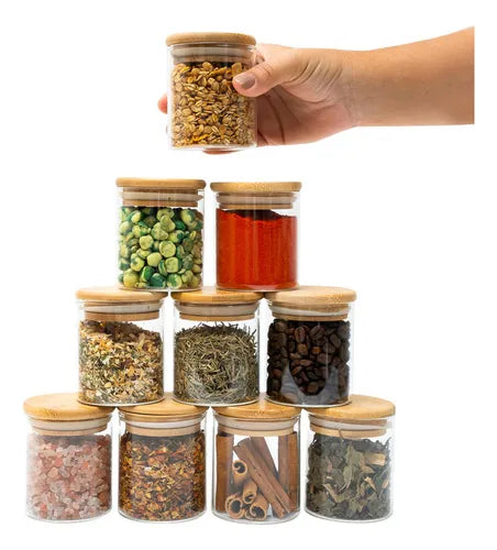 Kit 10 Potes De Vidro 200ml Tampa De Bambu Herméticos - Tüd Cor Nude