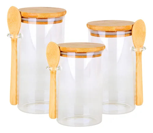 Kit 3 Potes Vidro Hermetico Tampa Colher Bambu Acucareiro