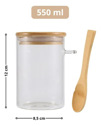 6 Potes De Vidro Redondo Tampa Bambu Hermético Colher 550ml