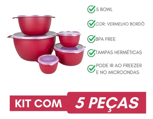 Kit 5 Vasilhas Bowl Plástica Pote Alimento Tampa Saladeira
