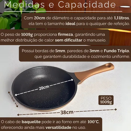 Frigideira Cerâmica Antiaderente Cooktop Indução/gás C/tampa Cor DOURADA-PRETO