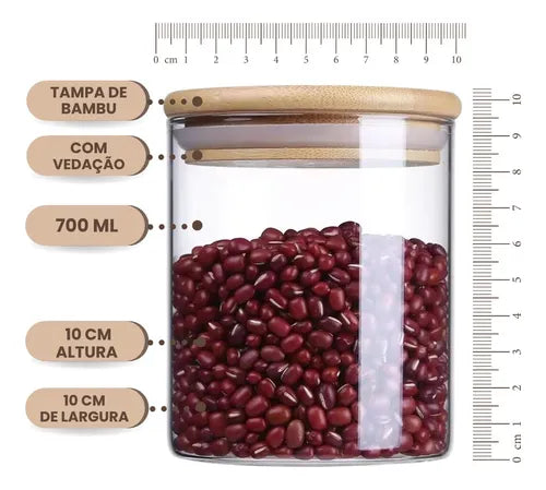Jogo De Potes Herméticos 700 Ml 2 Unidades Vidro Tampa Bambu