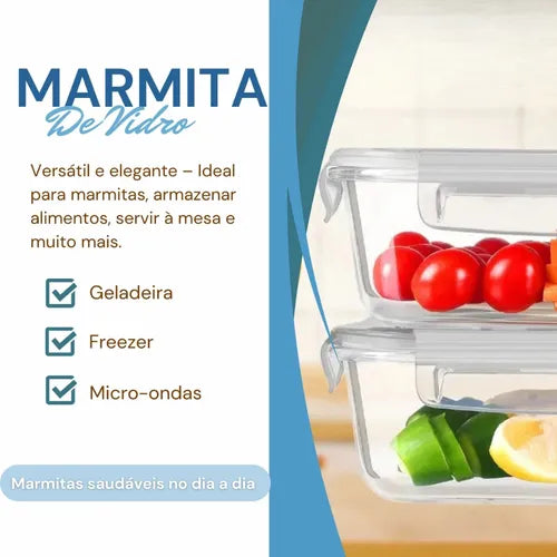 Kit 3 Pote Retangular Hermético 340ml 4 Travas Marmita Vidro