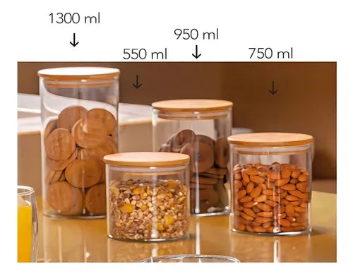 Porta Alimentos Em Vidro 550ml Com Tampa Em Bambu 10cm