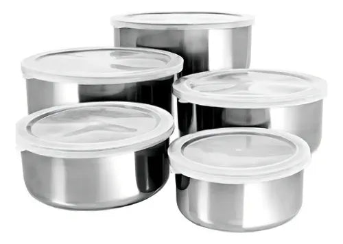 Jogo 5 Tigelas Pote Aço Inox Com Tampa Hermético Redondo