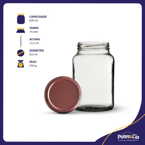 15 Potes De Vidro Conserva 600ml + Tampas Metálicas E Lacres Cor Rosê Gold