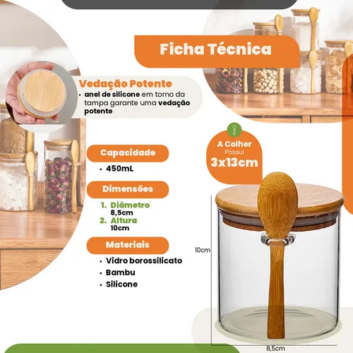 Kit 3 Pote De Vidro Com Tampa Bambu E Colher 450ml Redondo