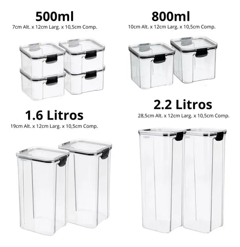 Kit 10 Potes P/ Alimentos Herméticos Quadrados Empilháveis