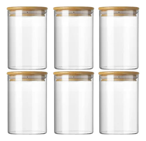Kit 6 Pote Porta Mantimento Vidro Redondo Tampa Bambu Empilhável Hermético 600ml