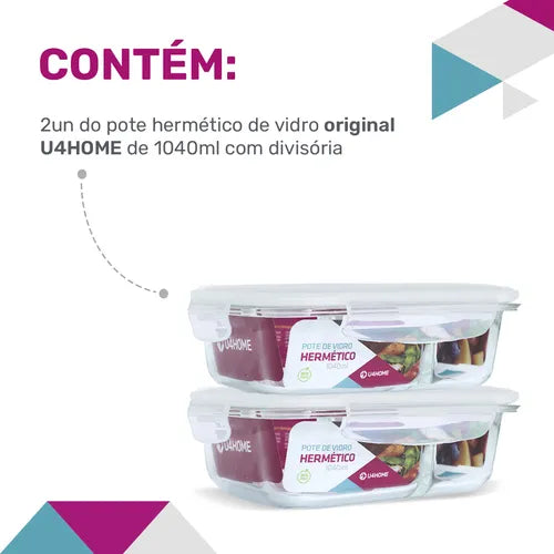 Kit 2 Potes Vidro Divisória Hermético Marmita 1040ml Cor Branco