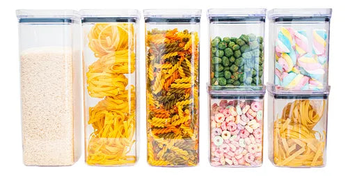 Kit 7 Potes Herméticos Mantimentos Quadrado Cozinha Tampa Hermética Amobox