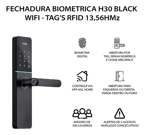 Fechadura Digital Com Biometria H30 Black Agl