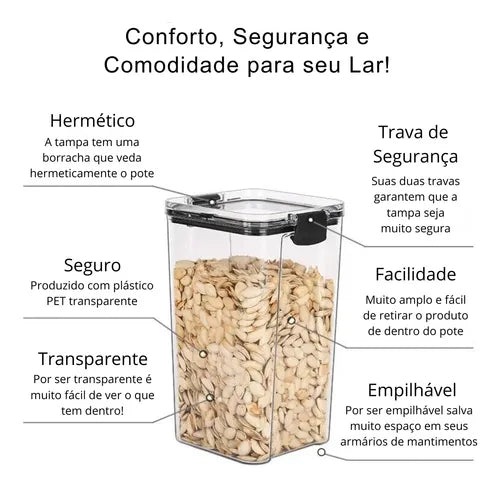 Kit 10 Potes P/ Alimentos Herméticos Quadrados Empilháveis